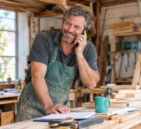 Artisan menuisier au téléphone dans son atelier