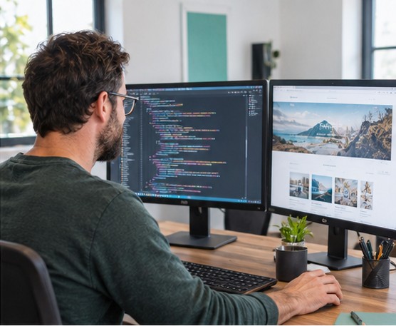Développeur web codant un site sur mesure sur deux écrans