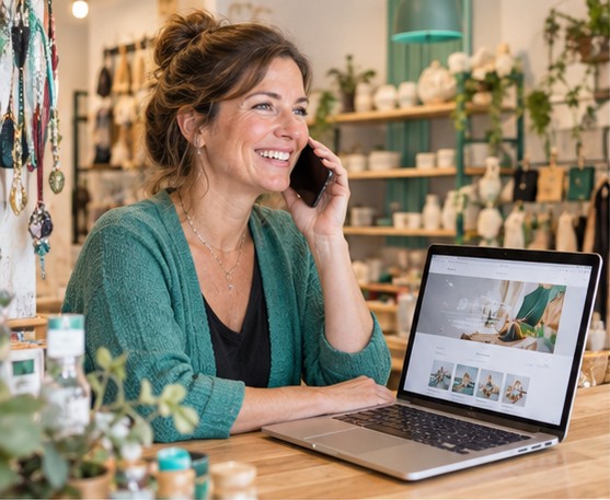 Commerçante au téléphone devant son site internet sur ordinateur portable